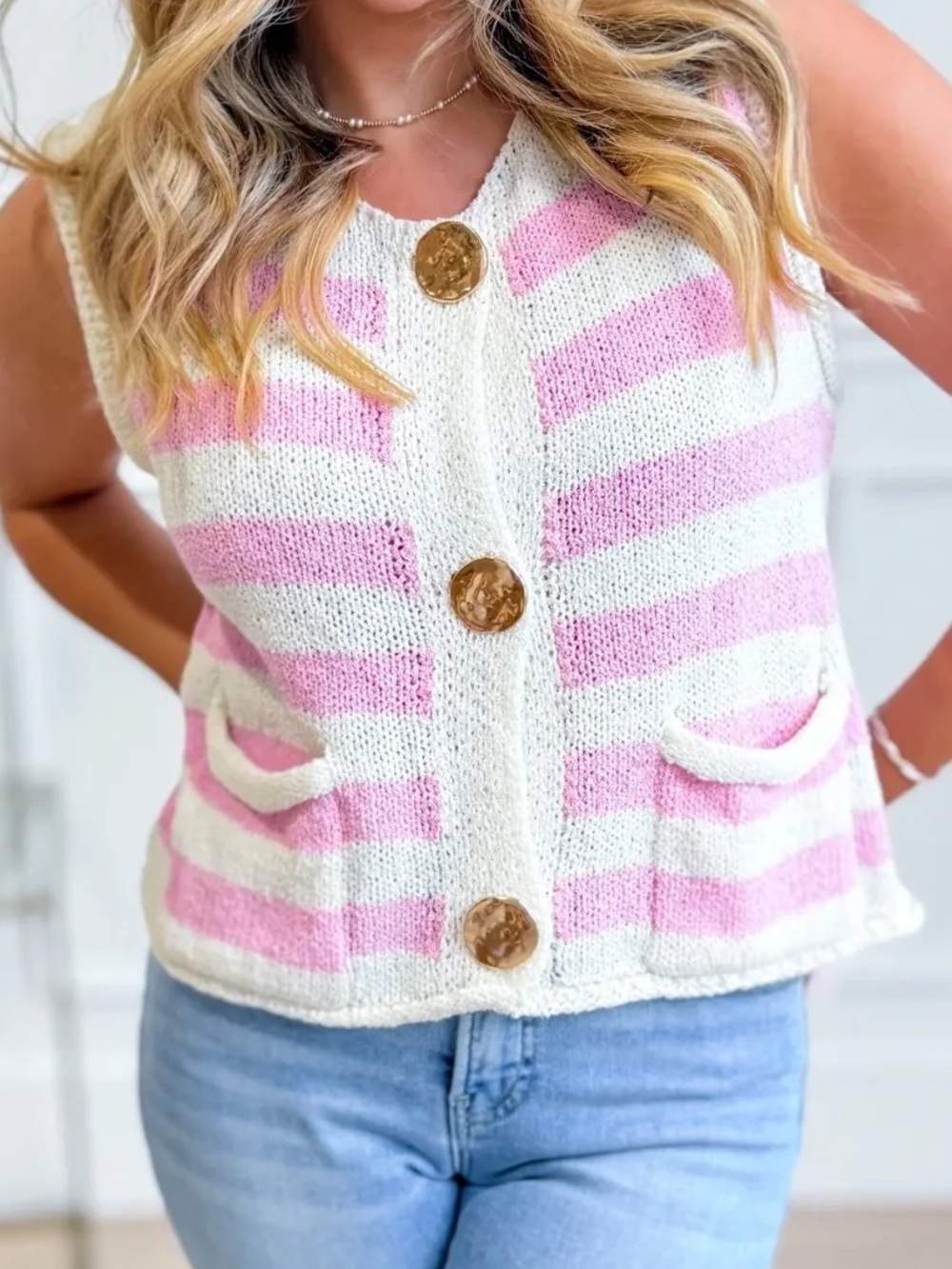 Striped Sleeveless Sweater Top in Pink and Cream NWT by She & Sky Size Large